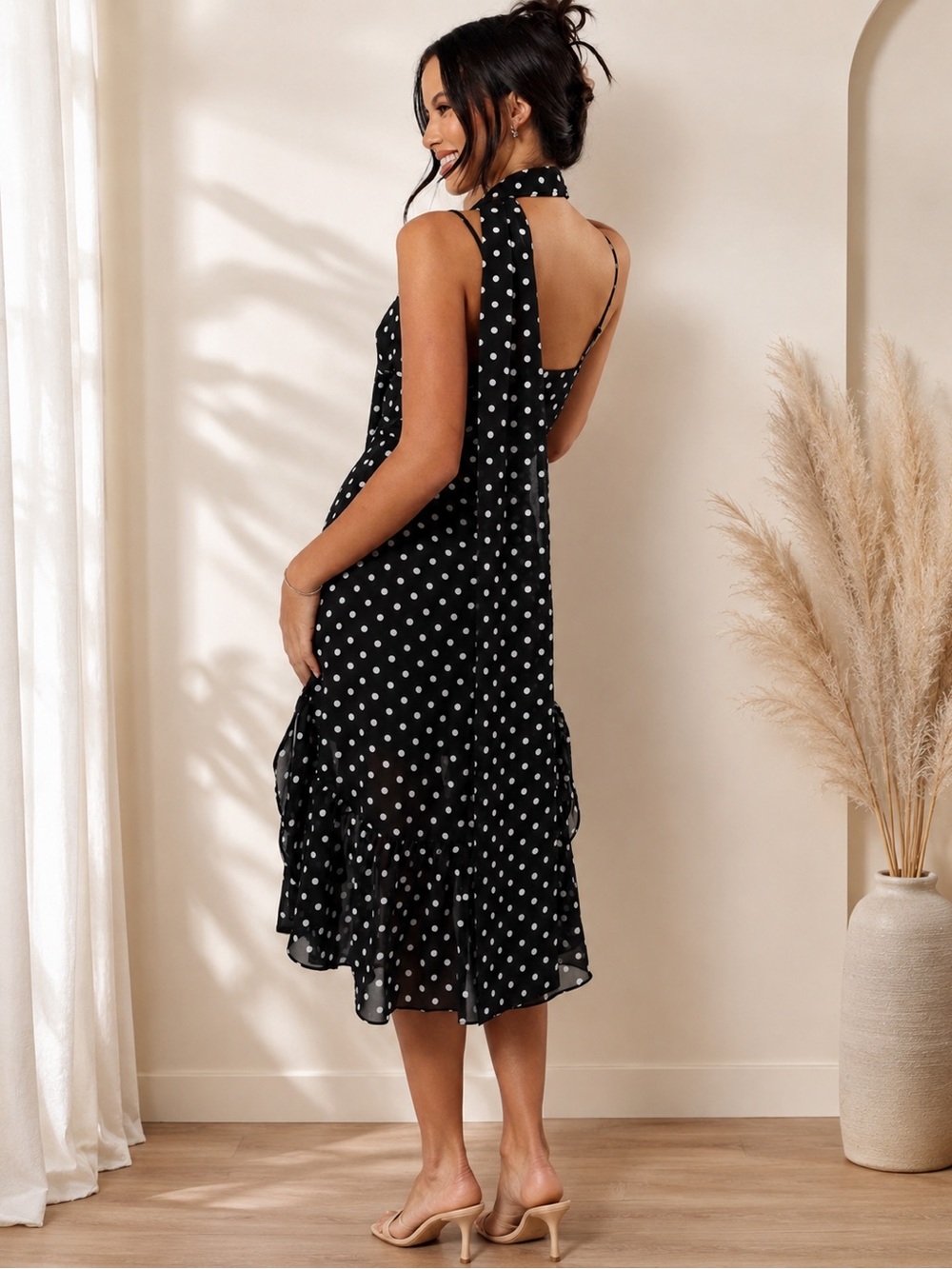 Petal & Pup Black & White Polka Dot Midi Dress with Scarf